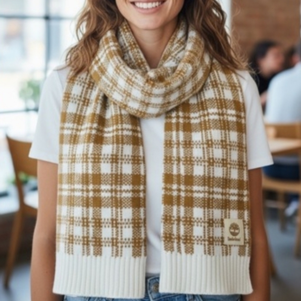 NWOT Timberland Scarf Cognac & Ecru Plaid Acrylic 10 X 68  Was $60.00